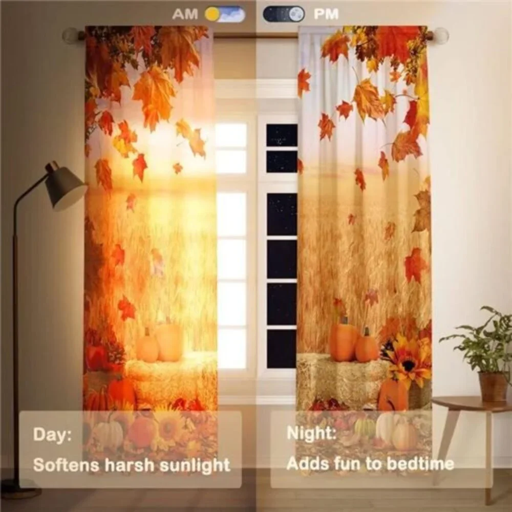 Autumn Scenery Window Curtains- Landscape Pumpkin Print Darkening Drapes, 82x84